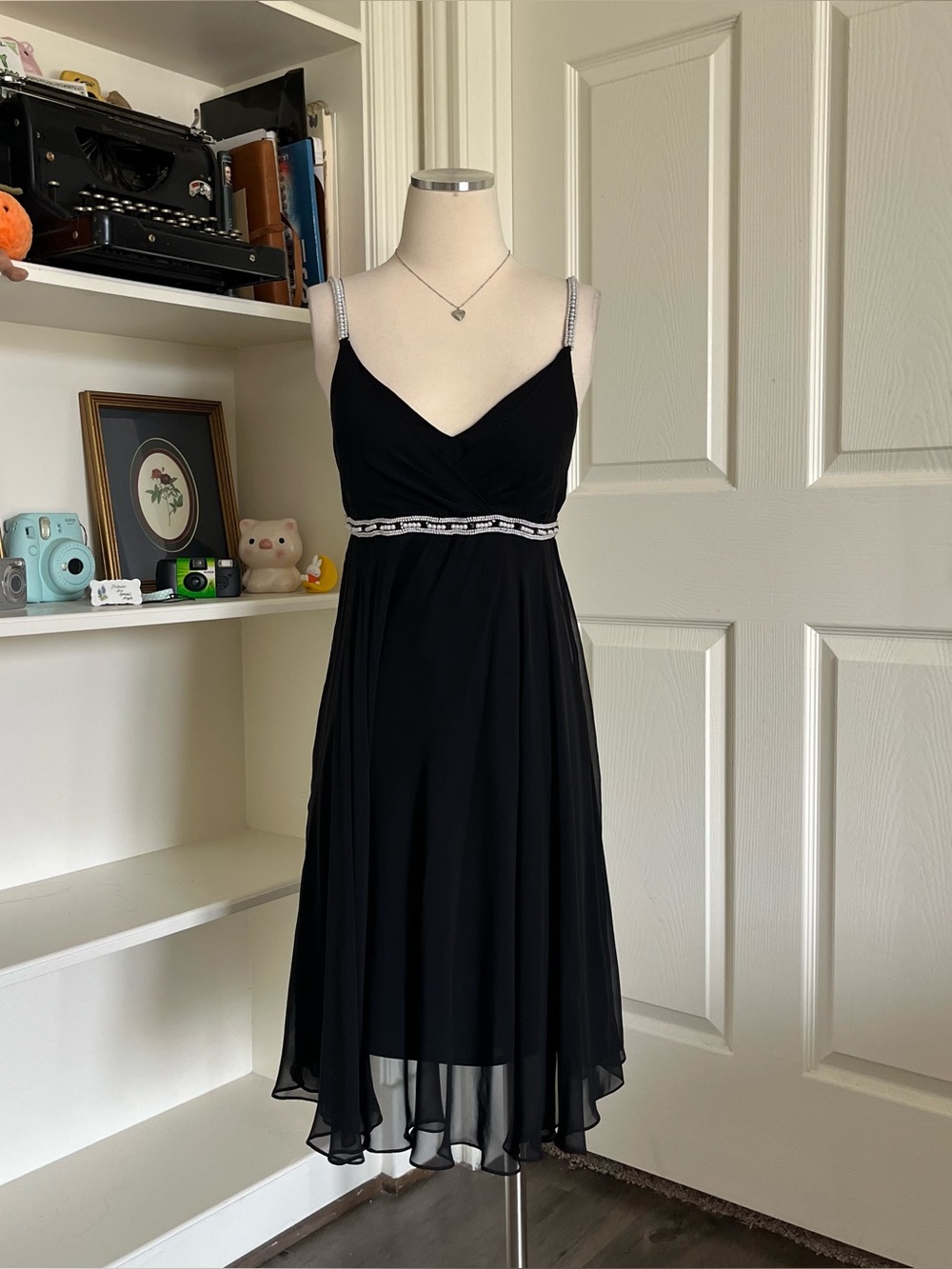 Vintage Eva Blue Blac dress with pearl beaded straps and waistband.